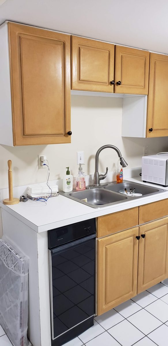 Kitchen sink wall in honey oak raised-panel cabinets with a white laminate counter, stainless double-bowl sink and a black dishwasher