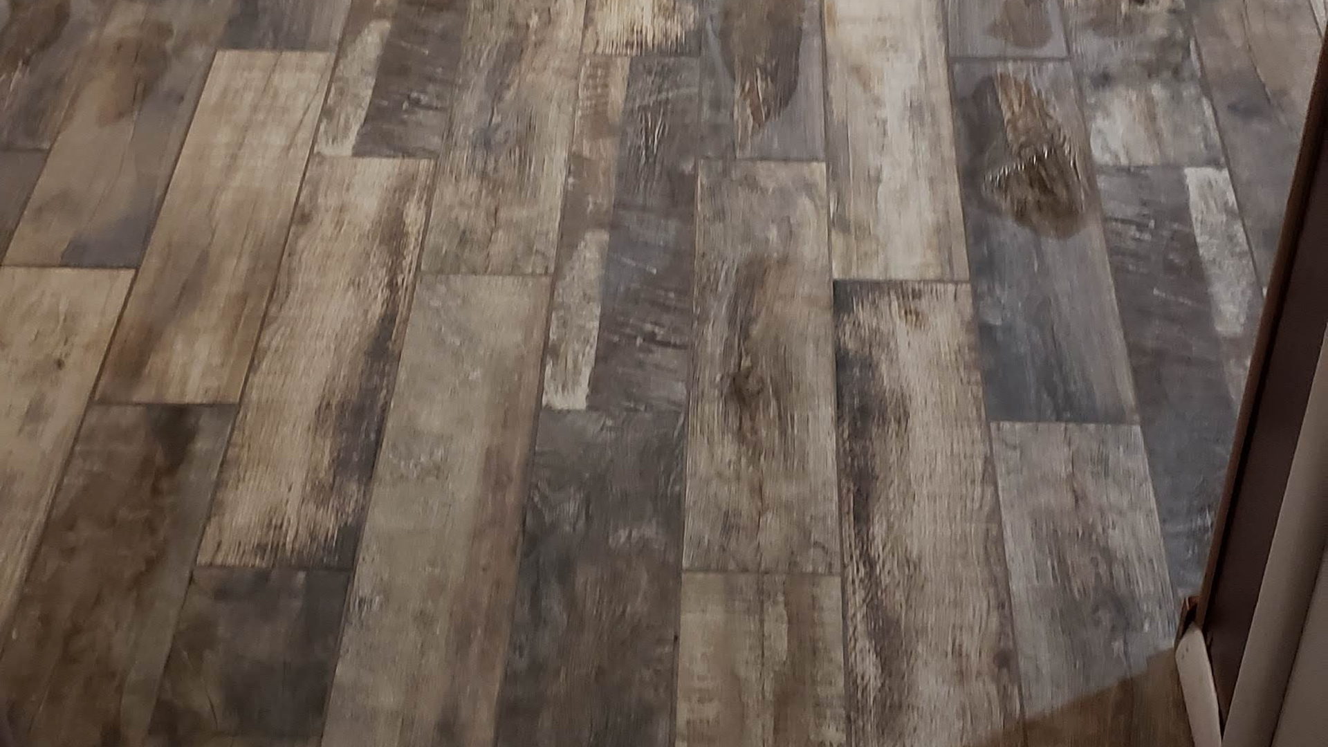 Multi-tone wood-look plank tile floor running through a living room and hallway