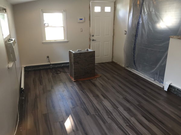 Luxury vinyl plank flooring laid across an empty room toward a front door